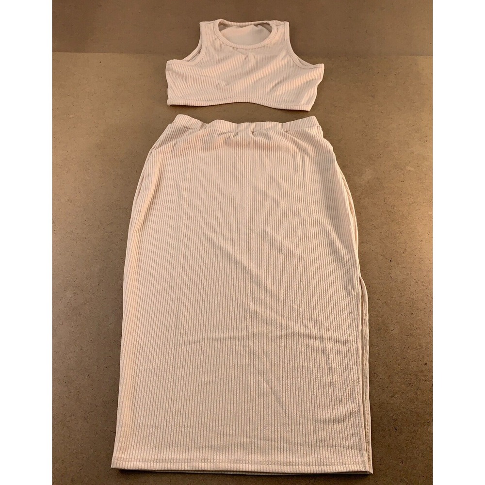 Boture Women's US 8/10 Beige Rib Knit Fitted Tank Top & Split Thigh Midi Skirt